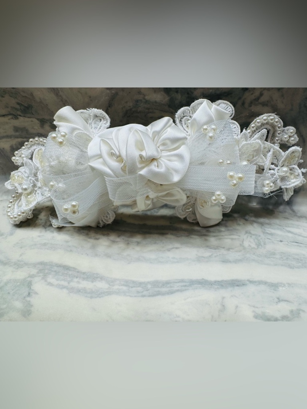 Vintage 90s Bridal Barrette Ivory Lace Pearl Satin Hair Clip Romantic 90s Style - Picture 2 of 14